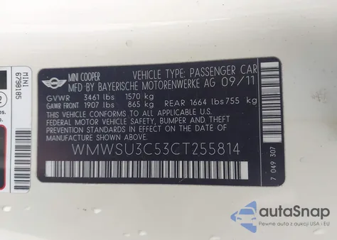 2012 Mini Cooper from USA, damaged, VIN WMWSU3C53CT255814